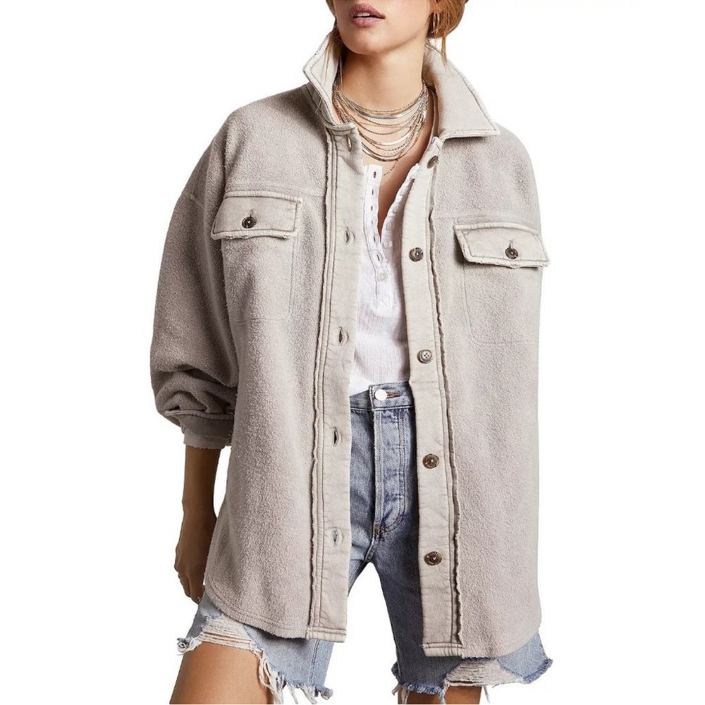 NEW Free People Ruby Jacket in Stone Large Brushed Knit Distressed Pockets Cozy